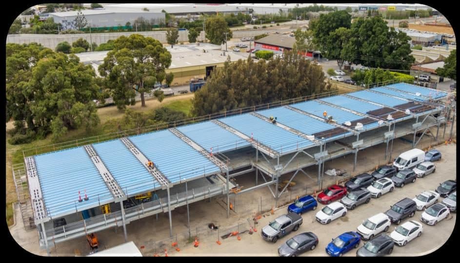 Aerial view of a completed PARKD decked car park in use
